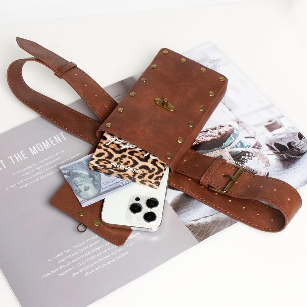 Steampunk Tri_Brown Leather Belt Pouch Waist Bag Medieval Phone Holder CosplayX - Picture 3 of 7